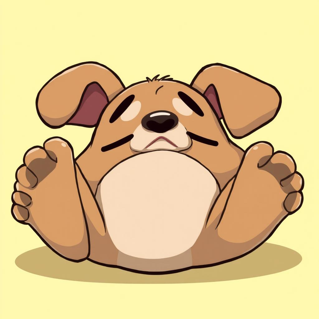 A cartoonish dog lying on its back, looking lazy and relaxed with its eyes half-closed