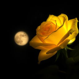 A beautiful yellow rose glowing softly in the night, surrounded by a dark, starry background