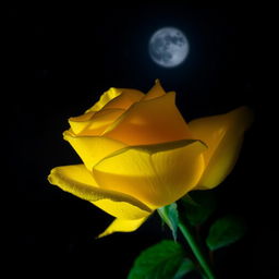 A beautiful yellow rose glowing softly in the night, surrounded by a dark, starry background