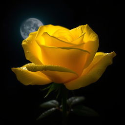 A beautiful yellow rose glowing softly in the night, surrounded by a dark, starry background