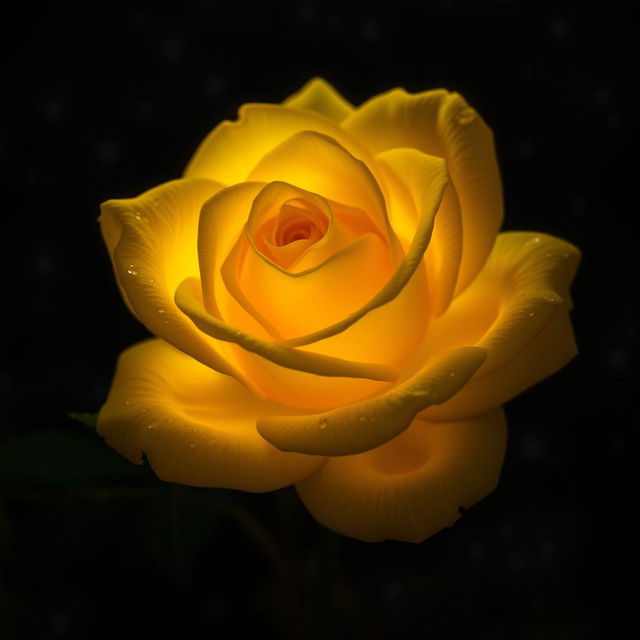 A beautiful yellow rose glowing softly in the night, surrounded by a dark, starry background