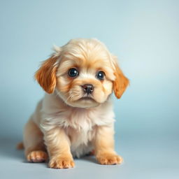 A small, fluffy golden puppy with big, wide eyes and an anxious expression, sitting down and looking up as if questioning the struggles of life