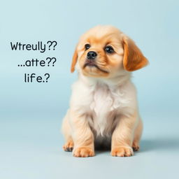 A small, fluffy golden puppy with big, wide eyes and an anxious expression, sitting down and looking up as if questioning the struggles of life
