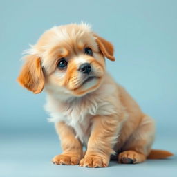 A small, fluffy golden puppy with big, wide eyes and an anxious expression, sitting down and looking up as if questioning the struggles of life