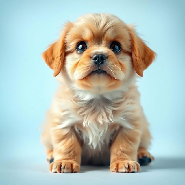 A small, fluffy golden puppy with big, wide eyes and an anxious expression, sitting down and looking up as if questioning the struggles of life