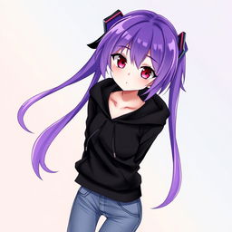 A female Vocaloid character with glossy purple hair and vibrant crimson eyes, wearing a stylish black hoodie and trendy jeans