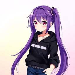A female Vocaloid character with glossy purple hair and vibrant crimson eyes, wearing a stylish black hoodie and trendy jeans