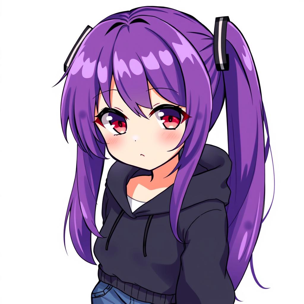 A female Vocaloid character with glossy purple hair and vibrant crimson eyes, wearing a stylish black hoodie and trendy jeans