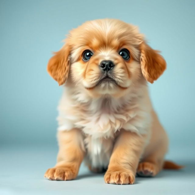 A small, fluffy golden puppy with big, wide eyes and an anxious expression, sitting calmly