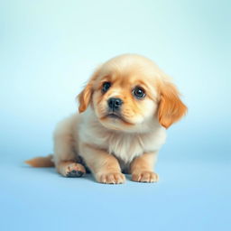 A small, fluffy golden puppy with big, wide eyes and an anxious expression, sitting calmly