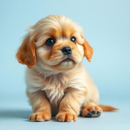 A small, fluffy golden puppy with big, wide eyes and an anxious expression, sitting calmly