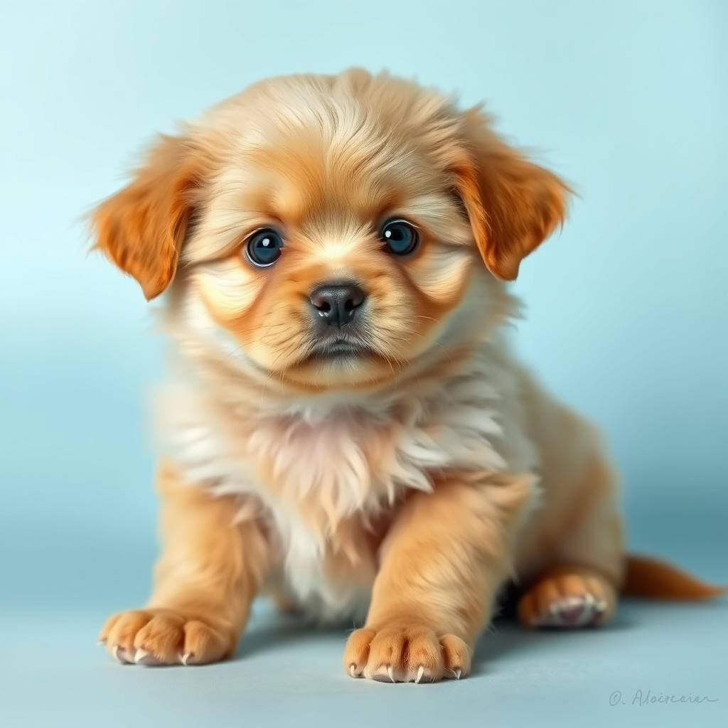 A small, fluffy golden puppy with big, wide eyes and an anxious expression, sitting calmly