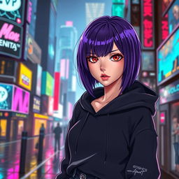 A cyberpunk female vocaloid character featuring glossy purple hair styled in a modern fashion, striking crimson eyes that shine with intensity