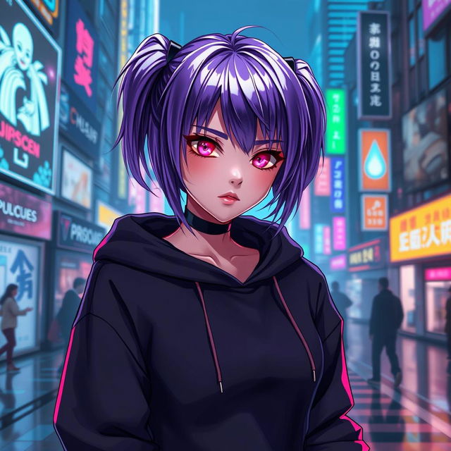 A cyberpunk female vocaloid character featuring glossy purple hair styled in a modern fashion, striking crimson eyes that shine with intensity