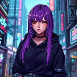 A cyberpunk female vocaloid character featuring glossy purple hair styled in a modern fashion, striking crimson eyes that shine with intensity