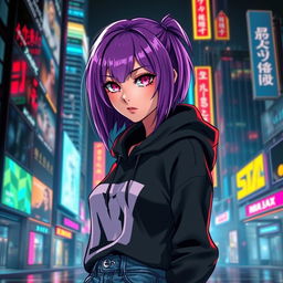 A cyberpunk female vocaloid character featuring glossy purple hair styled in a modern fashion, striking crimson eyes that shine with intensity