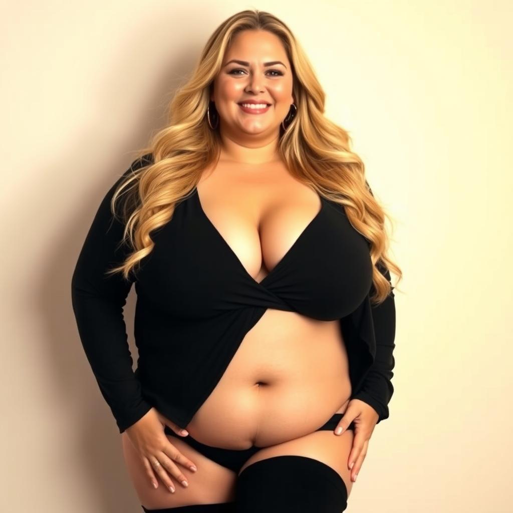 A 45-year-old plus-size woman with long blonde hair, wearing only a single black thigh-high boot