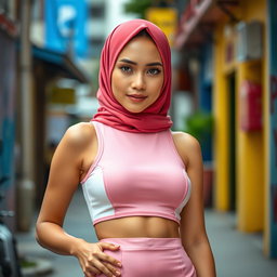 A fashionable Indonesian woman wearing a hijab, showcasing her vibrant cultural attire