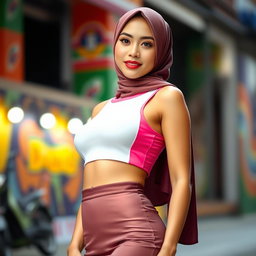 A fashionable Indonesian woman wearing a hijab, showcasing her vibrant cultural attire
