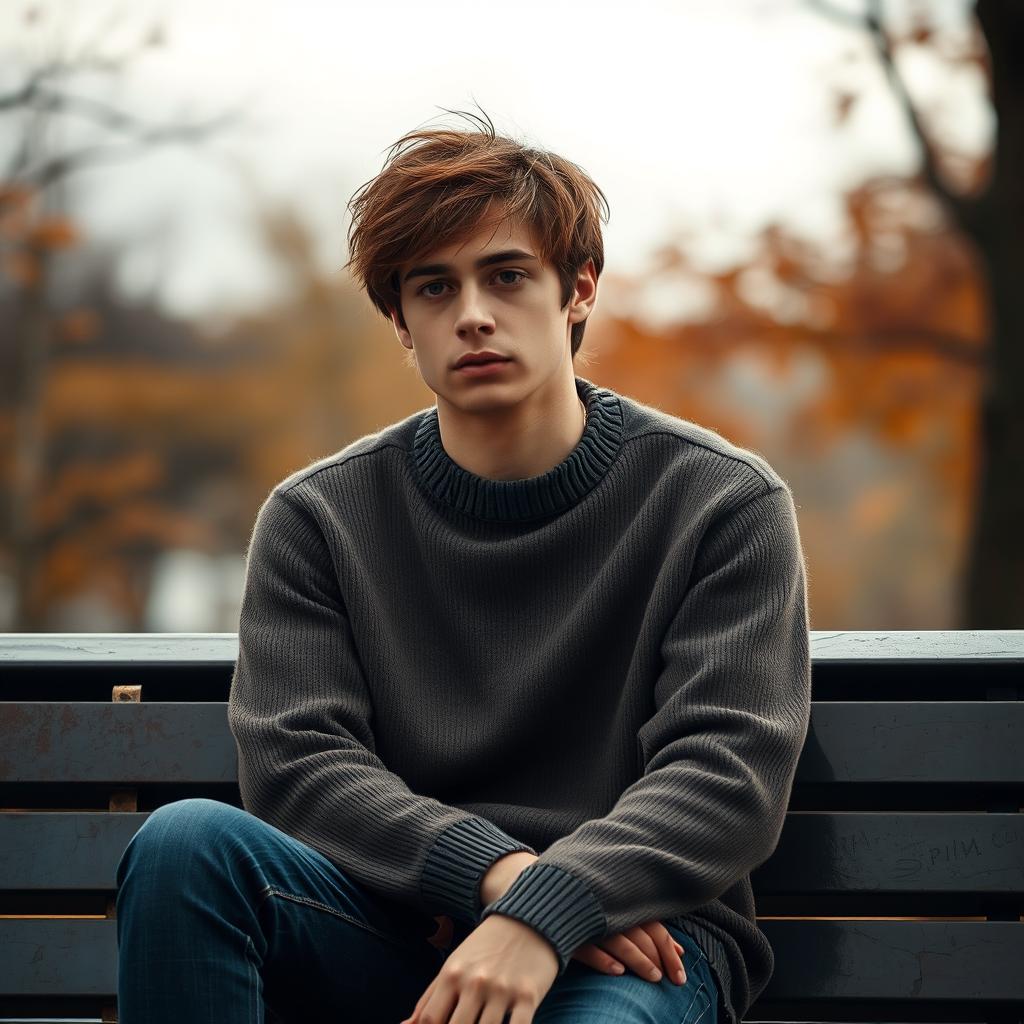 A melancholic young man sitting alone on a park bench, looking contemplative and lost in thought