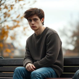 A melancholic young man sitting alone on a park bench, looking contemplative and lost in thought