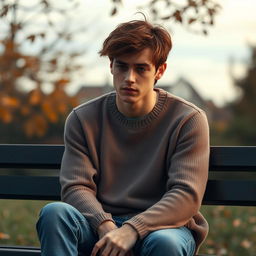 A melancholic young man sitting alone on a park bench, looking contemplative and lost in thought