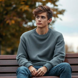 A melancholic young man sitting alone on a park bench, looking contemplative and lost in thought