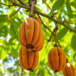 A detailed close-up of ripe tamarind fruits hanging from their tree, showcasing the distinctive brown, pod-like shells