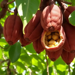 A detailed close-up of ripe tamarind fruits hanging from their tree, showcasing the distinctive brown, pod-like shells