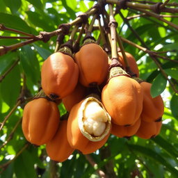A detailed close-up of ripe tamarind fruits hanging from their tree, showcasing the distinctive brown, pod-like shells