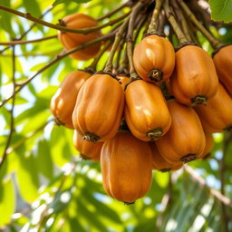 A detailed close-up of ripe tamarind fruits hanging from their tree, showcasing the distinctive brown, pod-like shells