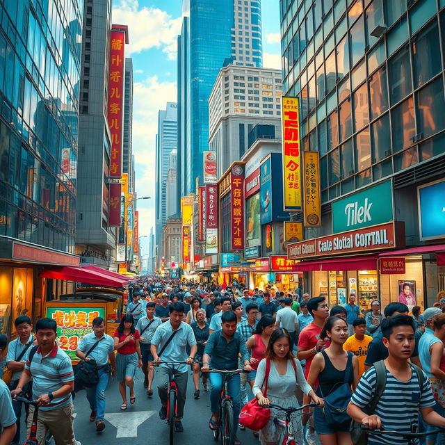 A vibrant urban scene bustling with activity