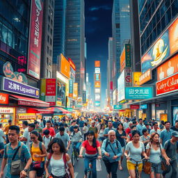 A vibrant urban scene bustling with activity