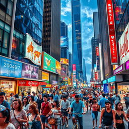 A vibrant urban scene bustling with activity