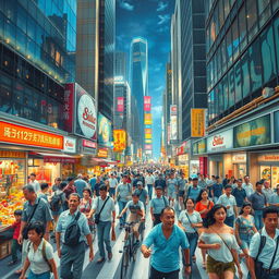 A vibrant urban scene bustling with activity