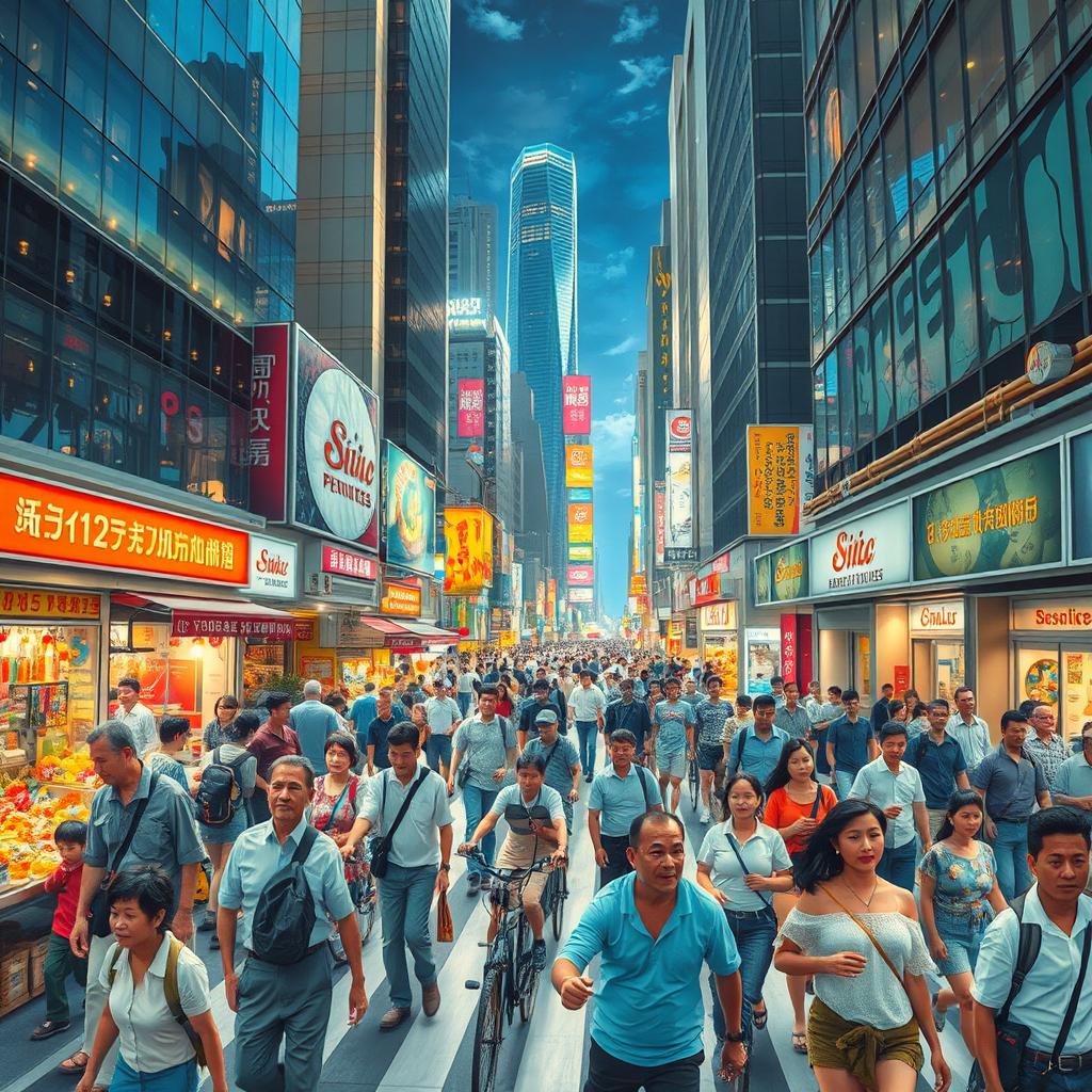 A vibrant urban scene bustling with activity