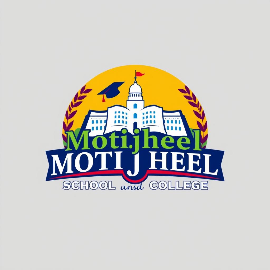A detailed and visually striking logo of Motijheel Model School and College, featuring traditional academic elements such as an open book, a silhouette of a school building, and a vibrant color palette