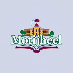 A detailed and visually striking logo of Motijheel Model School and College, featuring traditional academic elements such as an open book, a silhouette of a school building, and a vibrant color palette