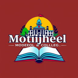 A detailed and visually striking logo of Motijheel Model School and College, featuring traditional academic elements such as an open book, a silhouette of a school building, and a vibrant color palette