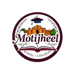 A detailed and visually striking logo of Motijheel Model School and College, featuring traditional academic elements such as an open book, a silhouette of a school building, and a vibrant color palette