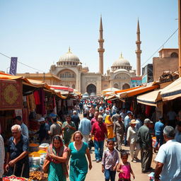 A vibrant street scene in a bustling Islamic country, filled with diverse people of various ages and backgrounds engaging in daily activities