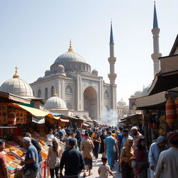 A vibrant street scene in a bustling Islamic country, filled with diverse people of various ages and backgrounds engaging in daily activities