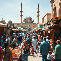 A vibrant street scene in a bustling Islamic country, filled with diverse people of various ages and backgrounds engaging in daily activities