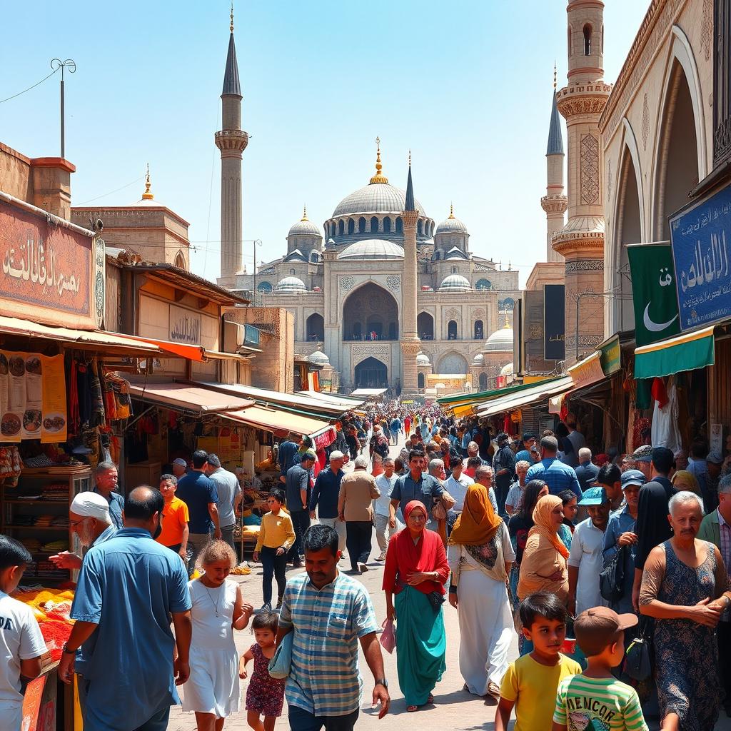 A vibrant street scene in a bustling Islamic country, filled with diverse people of various ages and backgrounds engaging in daily activities
