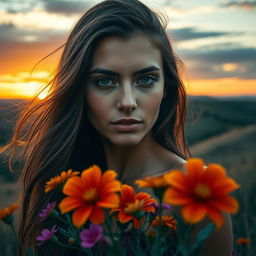 A striking and artistic portrait of a beautiful woman with long, flowing hair, set against a natural landscape of rolling hills and a dramatic sunset