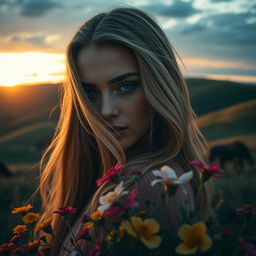 A striking and artistic portrait of a beautiful woman with long, flowing hair, set against a natural landscape of rolling hills and a dramatic sunset