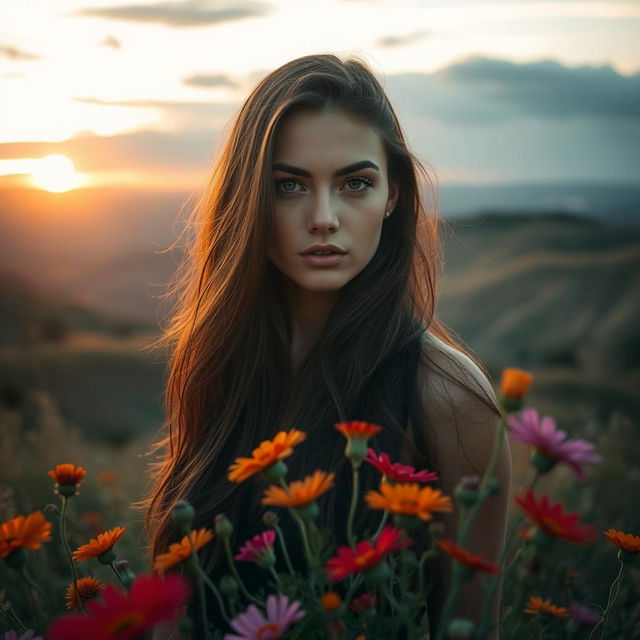 A striking and artistic portrait of a beautiful woman with long, flowing hair, set against a natural landscape of rolling hills and a dramatic sunset