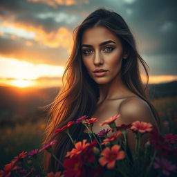 A striking and artistic portrait of a beautiful woman with long, flowing hair, set against a natural landscape of rolling hills and a dramatic sunset