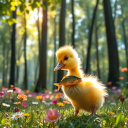 A cute duckling eating a fish in a lush, vibrant forest
