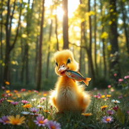 A cute duckling eating a fish in a lush, vibrant forest